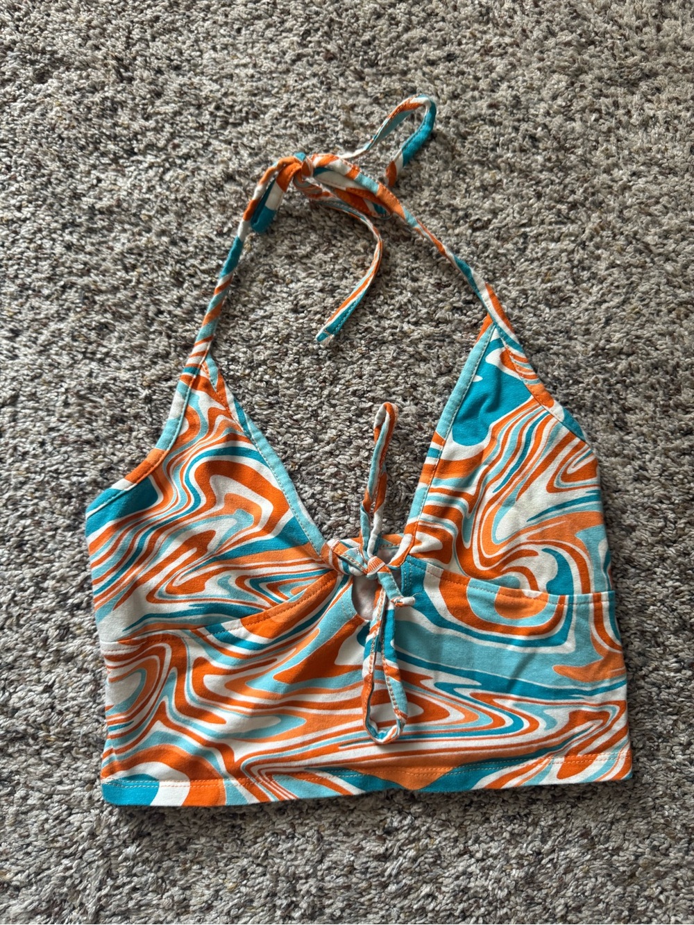 Garage Halter Crop Top in Teal, Orange & White Swirl